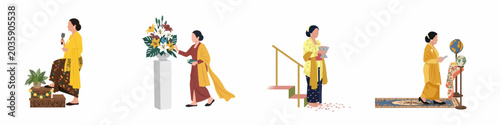 Canvastavla Set of illustrations depicting Indonesian women in traditional kebaya and batik