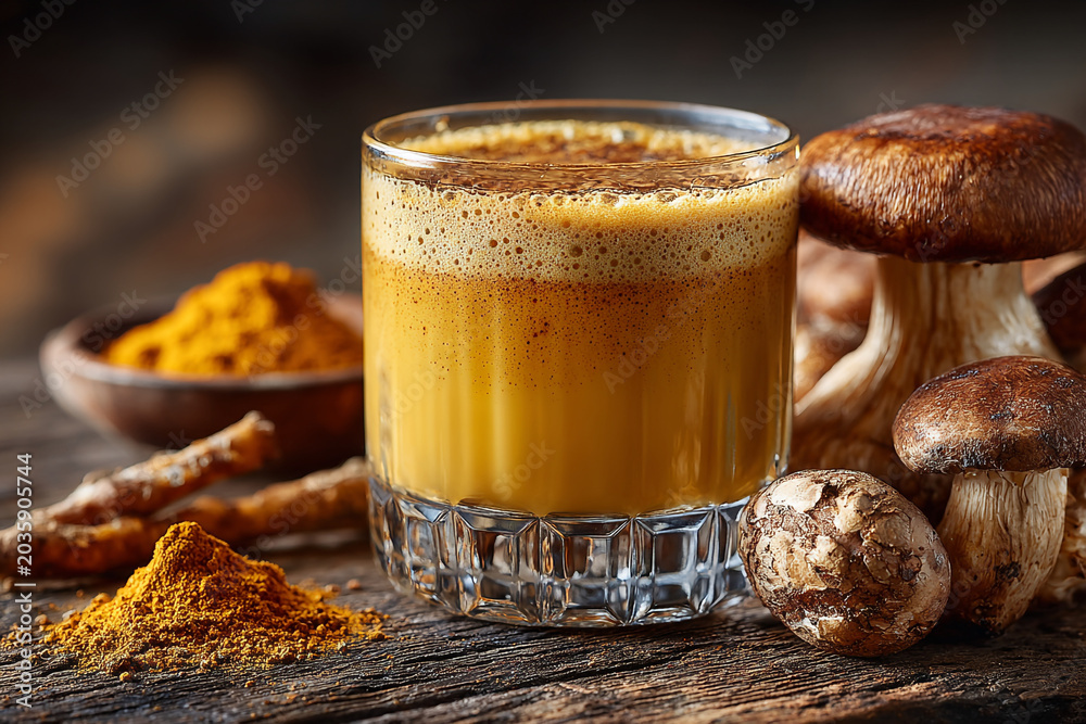 © mansoor - Golden turmeric latte, mushrooms, spices, healthy drink, wellness beverage