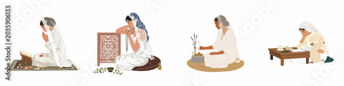 Bild auf Leinwand Minimalist vector illustration set showing Muslim women engaged in prayer, reading the Quran, meditating with beads, and lighting a candle