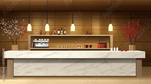 Modern cafe counter with wooden background, decorative plants, and warm lighting