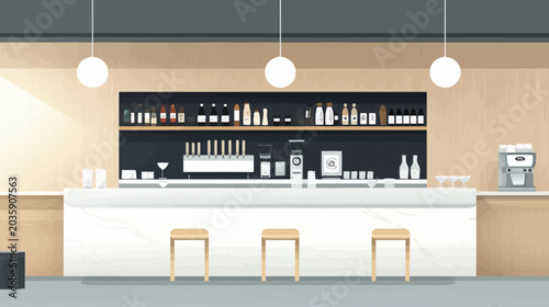 Modern cafe bar with coffee machine, bottles, stools, and lighting