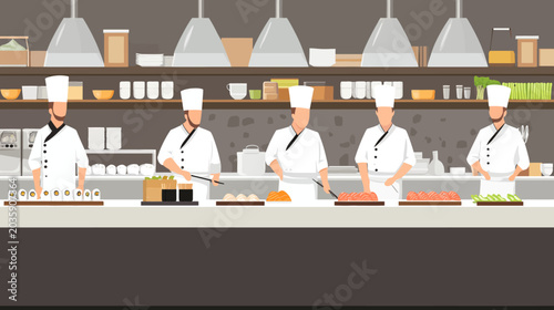 Chefs preparing sushi in a modern restaurant kitchen