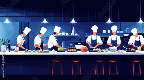 Chefs prepare dishes in a modern, well-lit professional kitchen