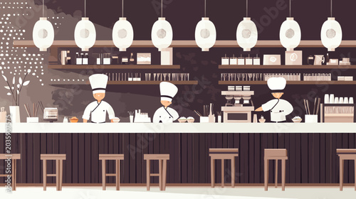 Illustration of a modern sushi bar with three chefs preparing dishes