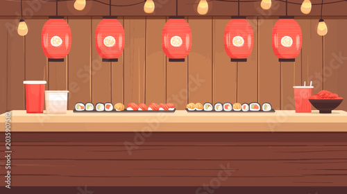 Sushi bar with hanging red lanterns and traditional Japanese decor
