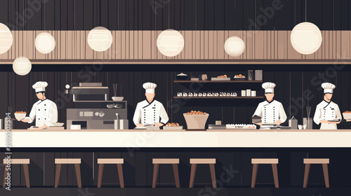 Illustration of four chefs in a modern restaurant kitchen preparing dishes
