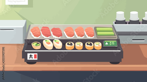 Display of assorted sushi with nigiri, rolls, and cucumber slices