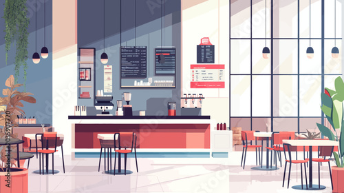 Modern cafe interior with seating area, coffee counter, and large windows