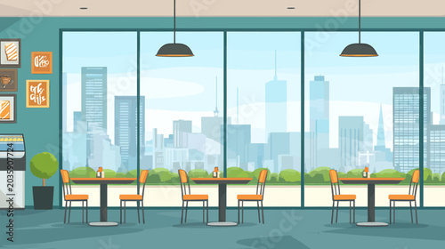 Modern cafe interior with outdoor city view through large windows