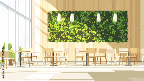 Modern indoor dining area with wooden furniture and green wall