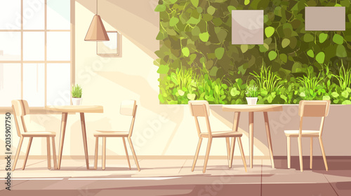 Bright modern indoor space with natural light, wooden furniture, green plant wall
