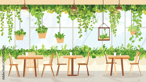 Bright greenhouse interior with hanging and potted plants, wooden tables, and chairs