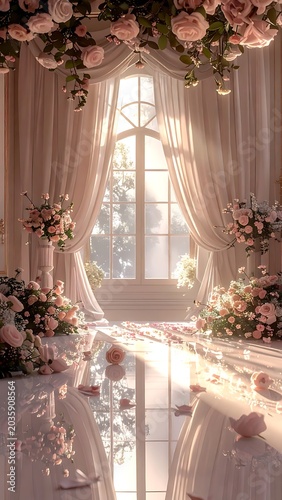 Elegant Wedding Aisle with Floral Decorations and Sunlight Streaming Through Window.