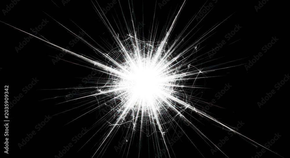 Fototapeta premium A bright white starburst explodes outward from a central point against a stark black background. Thin, white lines radiate from the core, creating a dynamic and energetic visual effect.