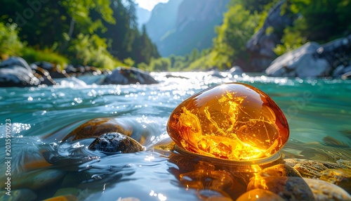 Glowing Amber Stone Resting in Clear Mountain River with Forest Valley Background