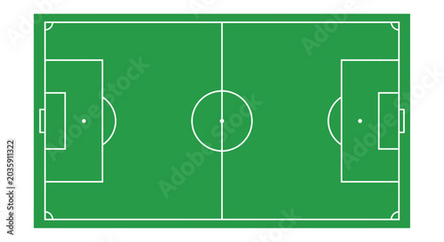 Quadro su tela Soccer field illustration top down view with white markings on green