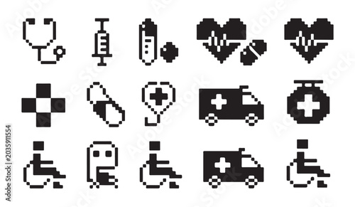 Schilderij op canvas Set of 15 pixelated medical icons including stethoscope, syringe, and ambulance