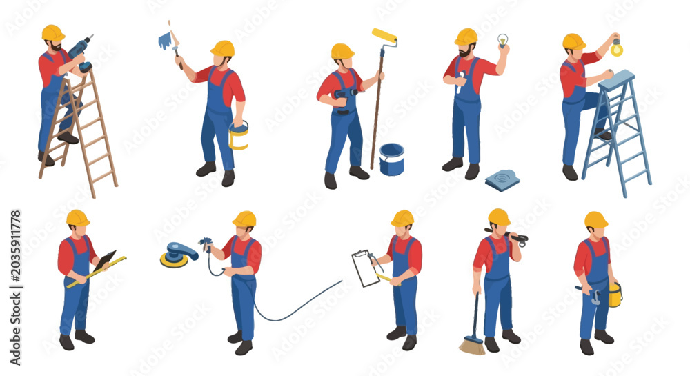 Fototapeta premium Construction workers performing various tasks isometric vector illustration