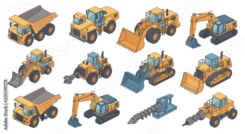 Fotografi Collection of Yellow Construction Vehicles and Heavy Machinery.