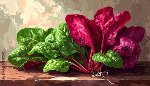 Vibrant Swiss Chard Leaves Resting on Rustic Wooden Table in Painterly Still Life