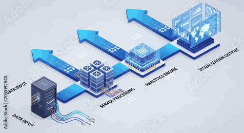 Isometric Data Input Server in Cloud Computing Network with Digital Flow Illustration