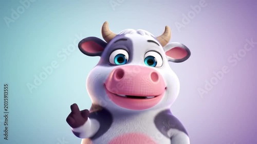 Cute 3D cartoon cow smiling on blue and purple background