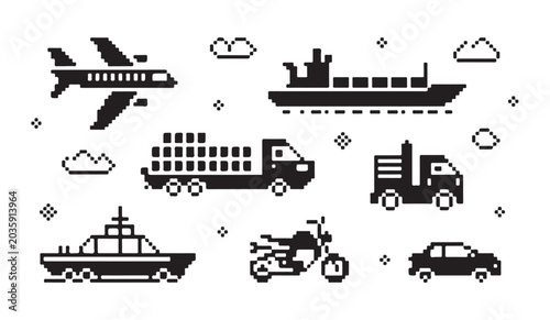 Foto Pixel art transportation modes airplane, cargo ship, trucks, boat, motorcycle, car