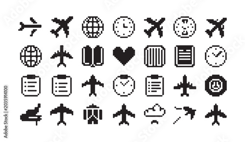 Canvastavla Airport and travel planning pixel art icon set with clocks globes and airplane symbols