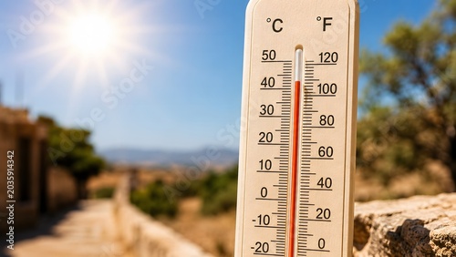 Outdoor thermometer showing dangerous heat beside dry summer road