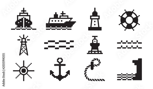 Foto Nautical themed pixel art icon set showcasing ships anchors and maritime navigation aids