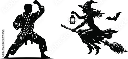 Martial Artist in Fighting Stance with Witch Flying on Broomstick Symbolizing Discipline and Fantasy in Vector Silhouette Art