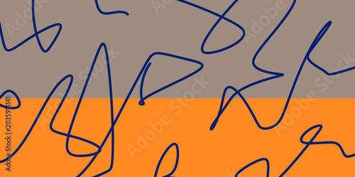 Messy scribble line art background. Creative vector background with random dark blue tangled lines over split orange and grey canvas.