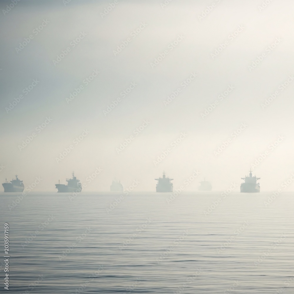 Fototapeta premium Cargo ships sailing in dense fog on calm sea with vast empty sky during a D-day anniversary memorial.