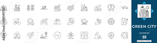 Bild auf Leinwand Green city line icon set featuring ecology, sustainability, renewable, eco, smart, environment, urban