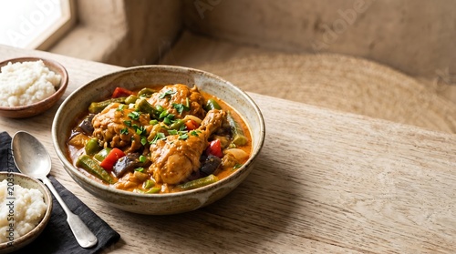 Congolese Moambé de Poulet, succulent chicken pieces cooked in creamy palm oil sauce with okra, eggplant, and bell pepper, served in an artisanal ceramic bowl over a light iroko wood surface