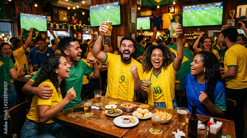 Torcedores brasileiros comemorando em bar durante jogo