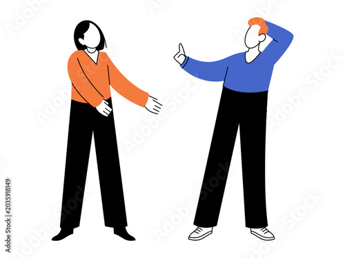 Man and woman arguing in conflict vector illustration. Relationship problems, family dispute, communication breakdown, stress, divorce, social interaction. Male and female characters fighting