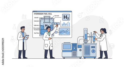 Scientists in Lab Explaining Hydrogen Fuel Cell Technology and Equipment