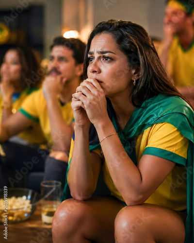 Torcedora brasileira aflita durante jogo de futebol