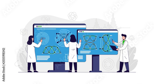 Scientists collaborating on digital design, analyzing data on large screens