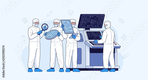 Semiconductor Manufacturing: Scientists in Cleanroom Examining Wafers and Tech