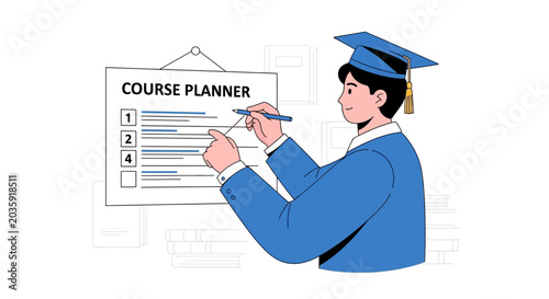 Student plans academic course, graduation cap, checklist, planning education success
