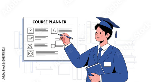 Student with Graduation Cap Planning Courses on Whiteboard