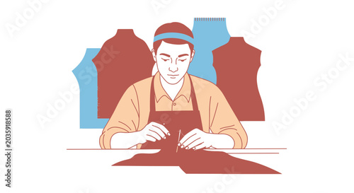 Tailor at work, sewing garment on table, mannequins background