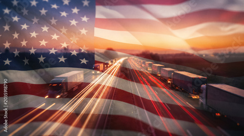 American flag overlaid on a highway with semitrucks at sunset, representing logistics, transportation, and supply chain in the usa