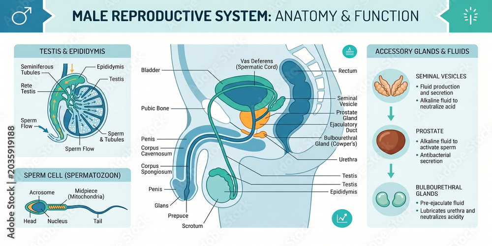 Obraz premium Comprehensive infographic illustrating the intricate anatomy and physiological functions of the male reproductive system with detailed cellular structures and accessory glands for educational purposes