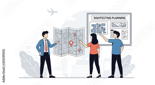 Travel planning group discussing map and itinerary with airplanes and buildings