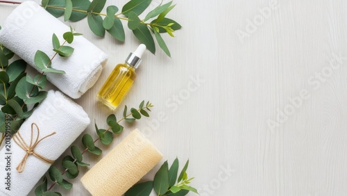Spa essentials rolled towels oil bottle and eucalyptus leaves on white surface