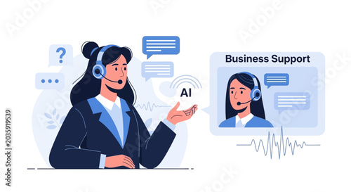 AI assisted customer service, business support, chatbot and operator illustration
