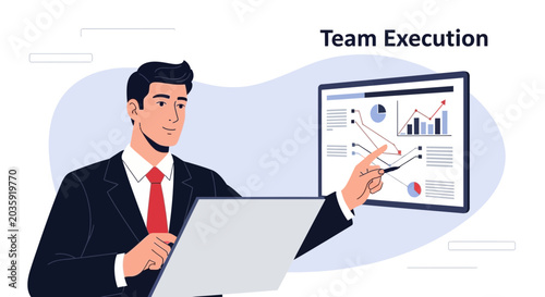 Business man presents data analysis and strategy planning with graphs and charts on screen